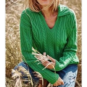J. Jill | Cable Knit Polo Sweater Collared Green Meadow Chunky Fisherman Cozy L